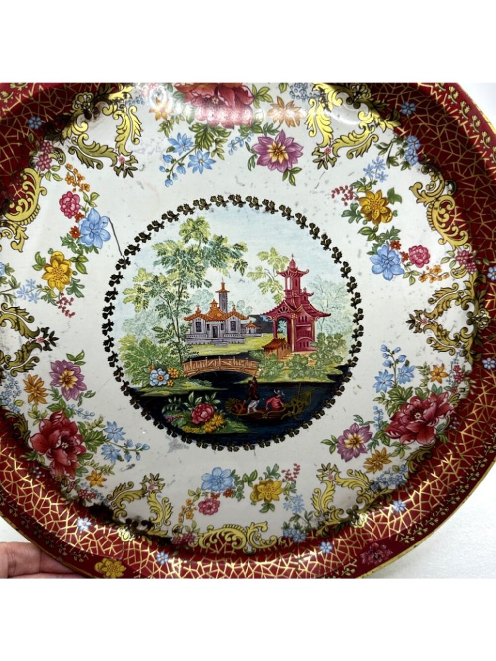 Vintage Chinoiserie Tole Metal Tray Asian Scene - Picture 5 of 10
